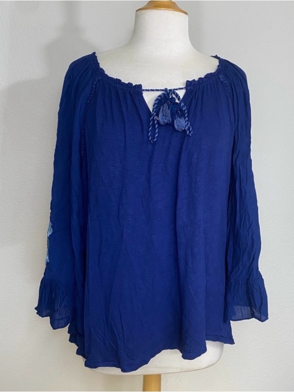 Vintage America Women's Navy Blue Embroidered Floral Bell Sleeve Blouse XXL Boho